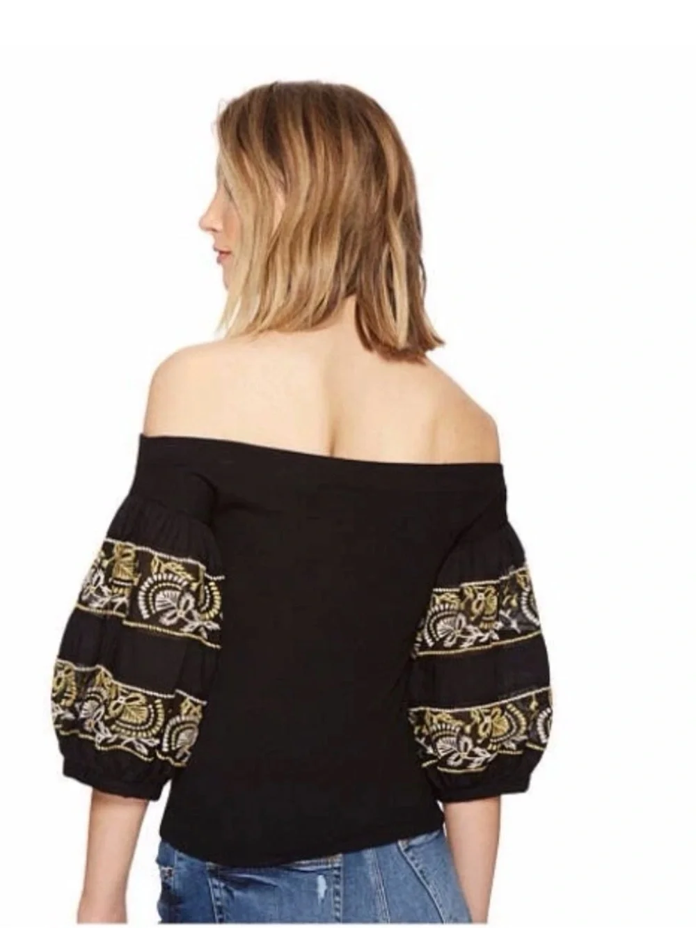 Free People Rock With It Off Shoulder Top Black Embroidered Puff Sleeve S/P